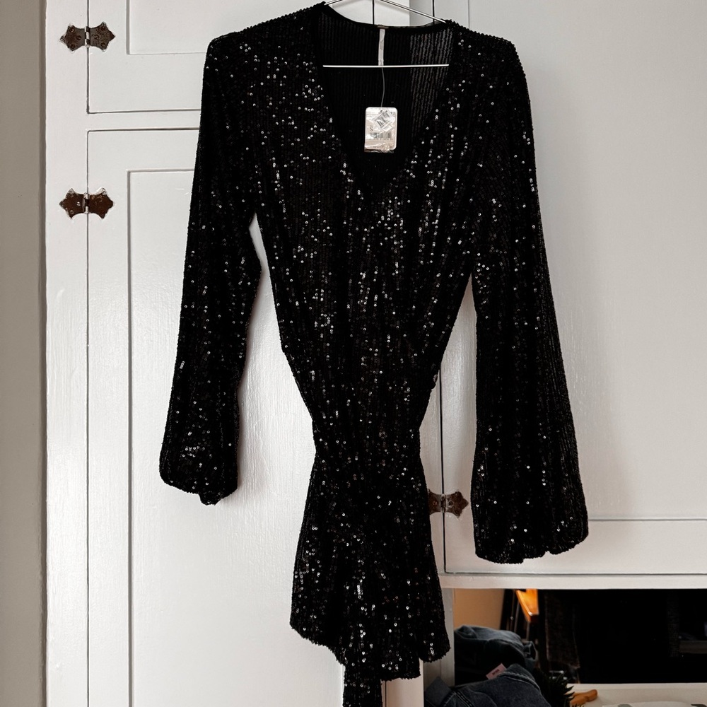 Free people Black Sequin V-Neck Dress
